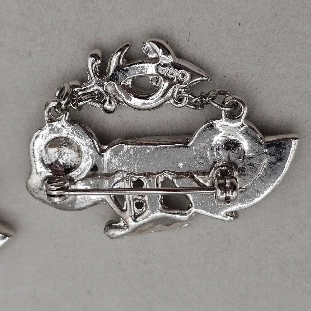 ORA Motorcycle Brooch Pins 2pc Silver Tone Clear Rhinestone Biker Mason Sword